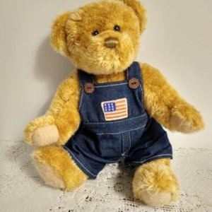 Bestway Teddy Bear Gold Plush American Flag Denim Overall Jumper 12" Jointed